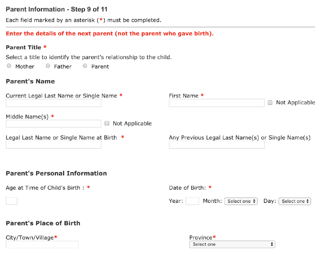 Section for parent information. Enter the details of the next parent (not the parent who gave birth).