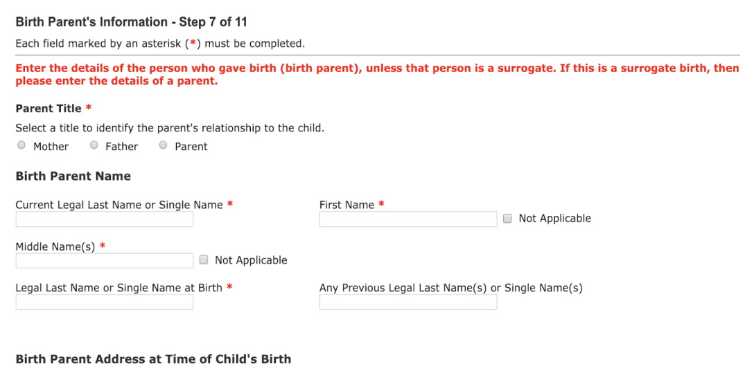 Section is labelled birth parent's information