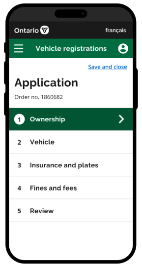 Mobile screen of dashboard options including ownership, vehicle, insurance and plates, fines and fees, and review.