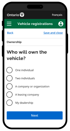 Screen that asks who will own the vehicle. Options include one individual, two individuals, a company or organization, a leasing company, my dealership, and next.