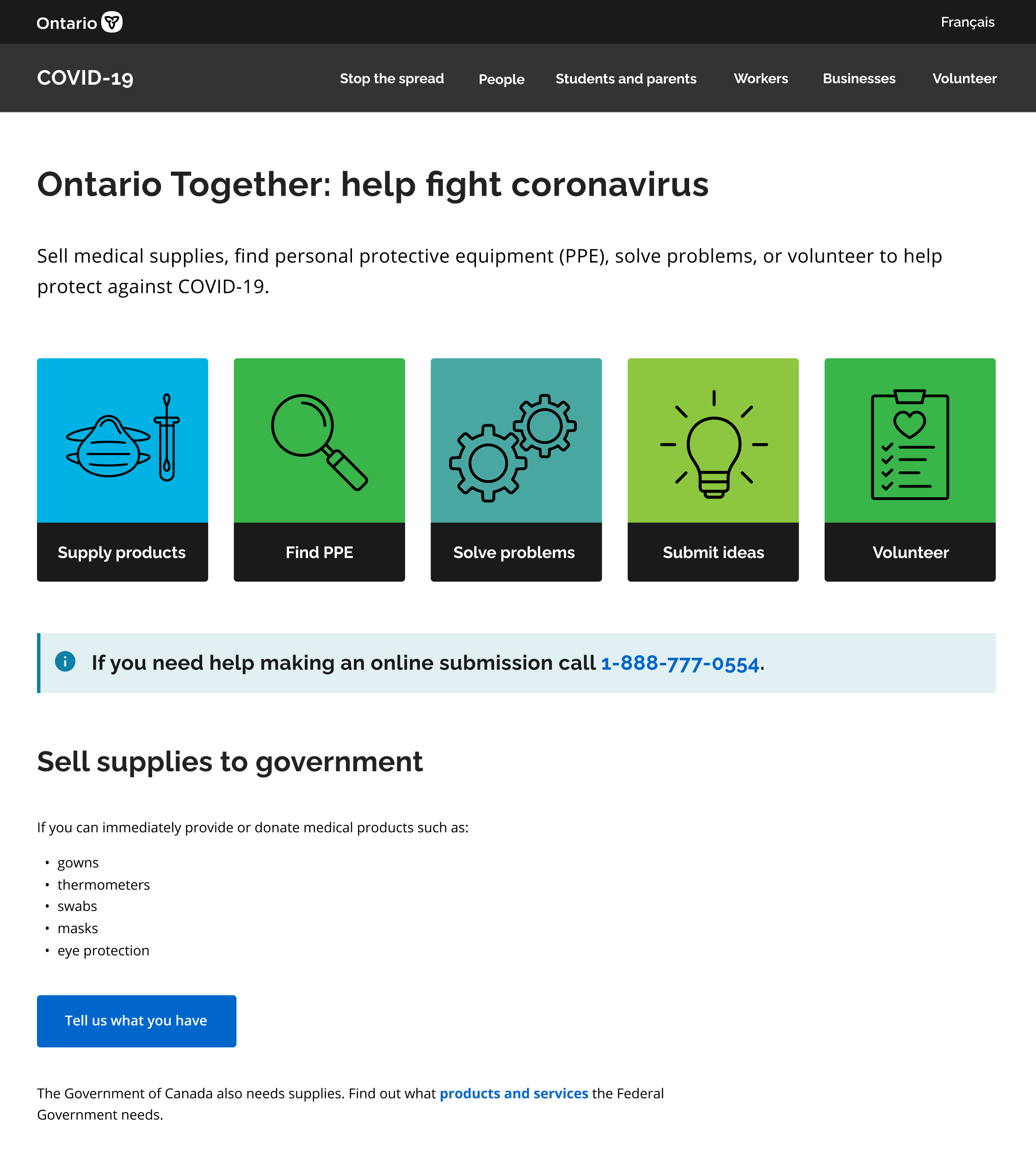 Prototype of ontario.ca with title Ontario Together: help fight coronavirus. Sell medical supplies, find personal protective equipment (PPE), solve problems, or volunteer to help protect against COVID-19. Options on the page: Supply products, Find PPE, Solve problems, Submit ideas, Volunteer.