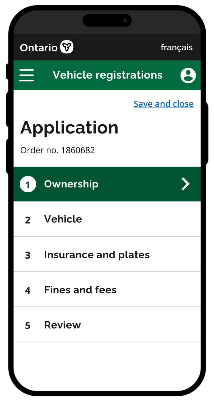 Mobile screen of dashboard options including ownership, vehicle, insurance and plates, fines and fees, and review.