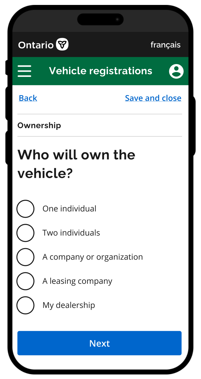 Screen that asks who will own the vehicle. Options include one individual, two individuals, a company or organization, a leasing company, my dealership, and next.