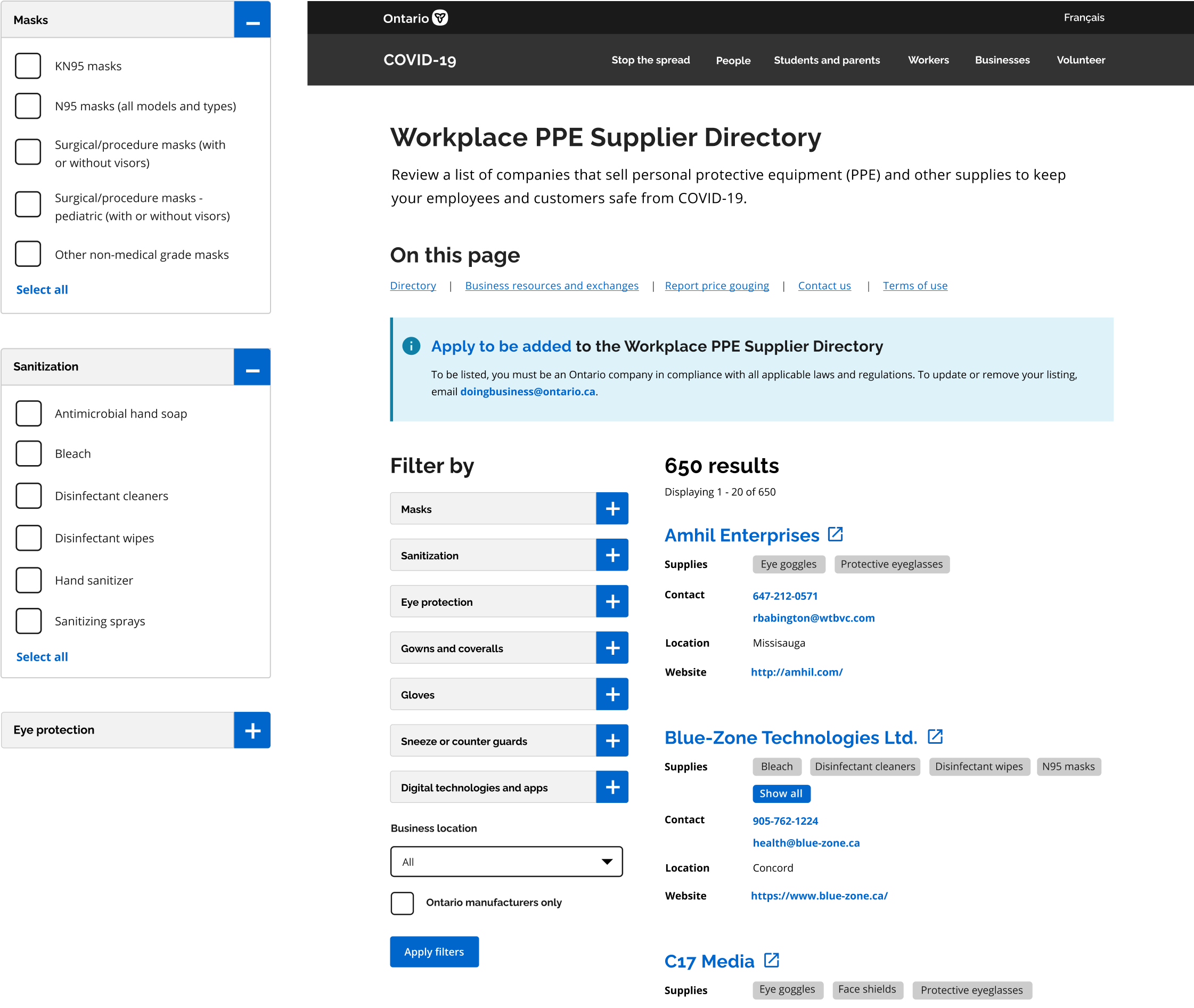 Prototype of PPE supplier directory with filters for masks and sanitization options.