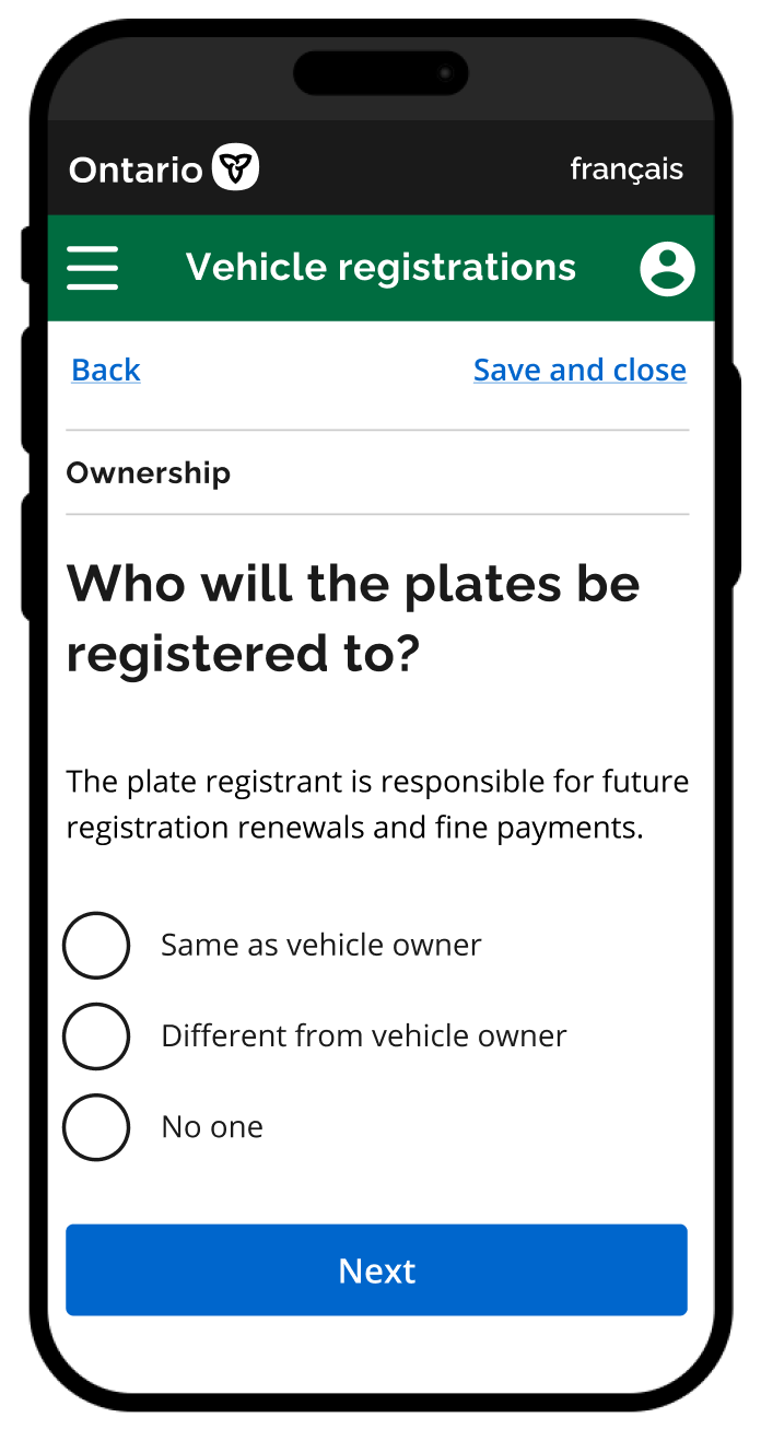 A screen that says "Who will the plates be registered to?" The plate registrant is responsible for future registration renewals and fine payments. Options include: same as vehicle owner, different from vehicle owner, and no one. Then next.